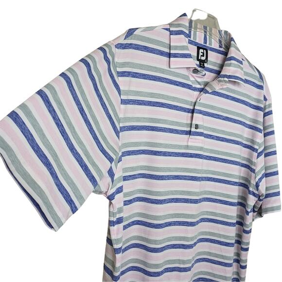 Footjoy Polo Shirt Mens Large Pink Blue Striped Golf Short Sleeve Embroidered FJ - Picture 4 of 11